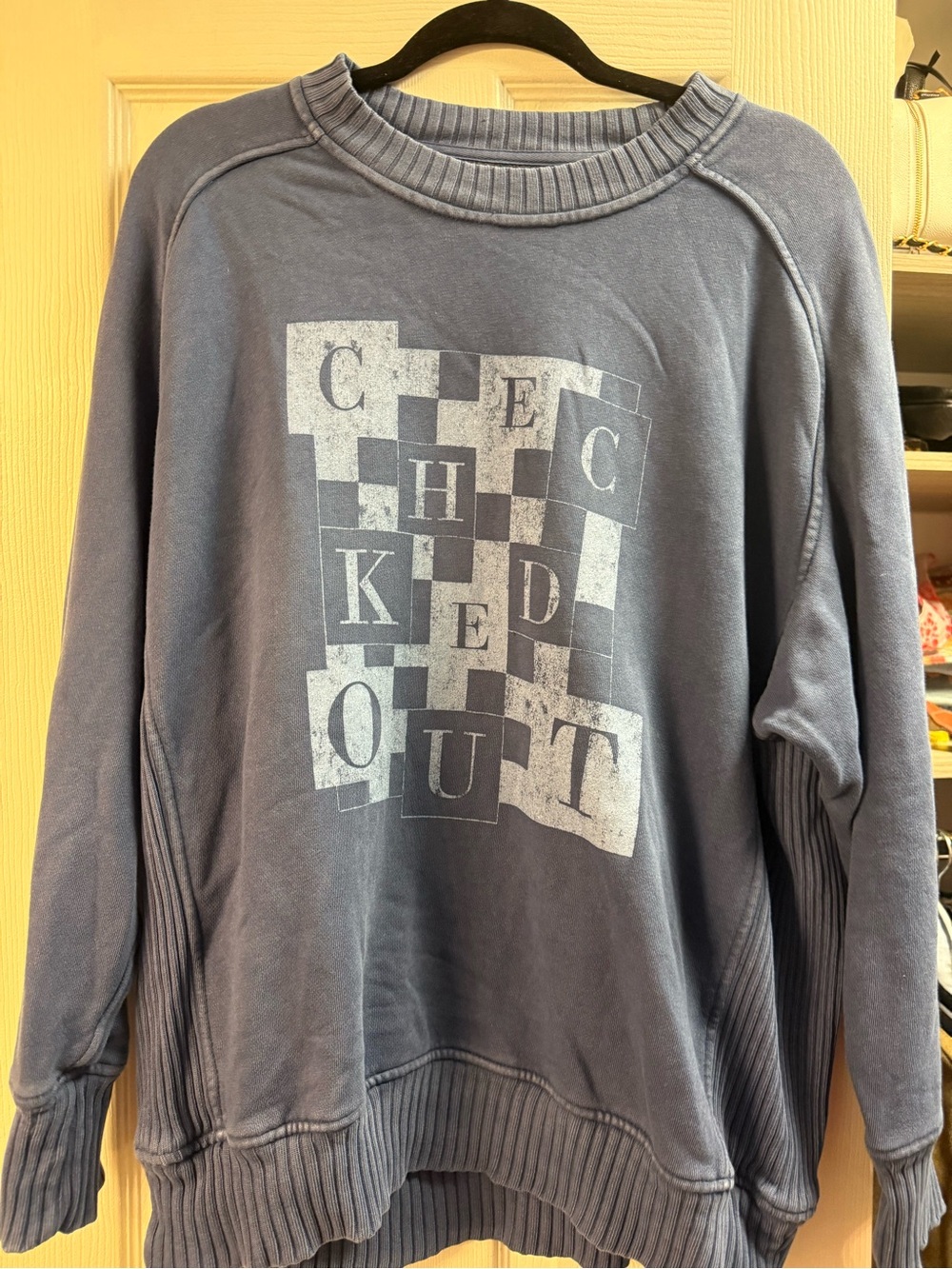 aerie Washed Blue Graphic Checked Crewneck Sweatshirt